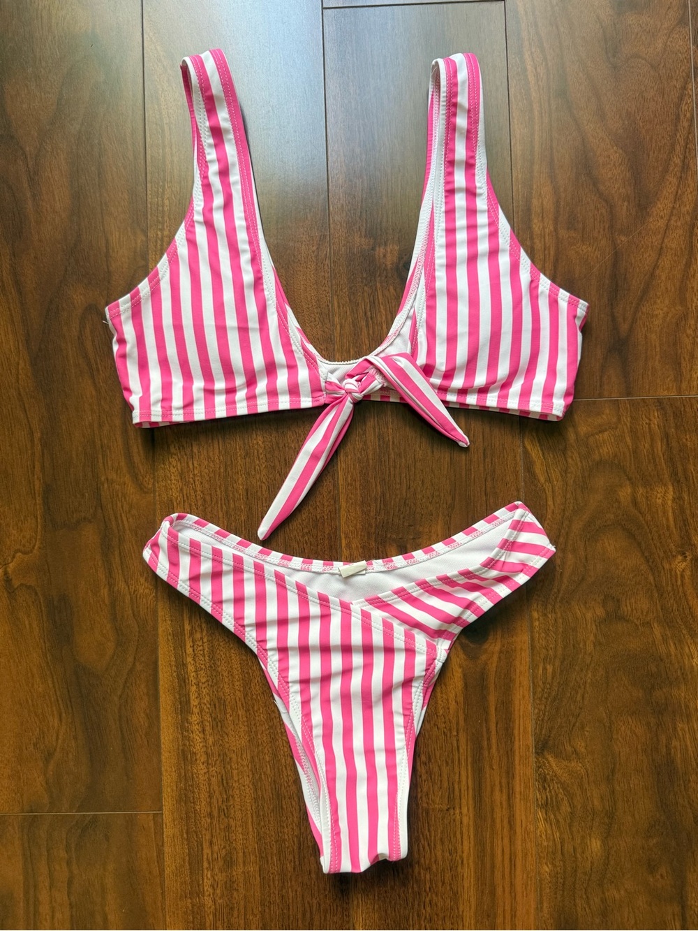 Pink and White Striped Bikini Set with Tie Front Top and Cheeky Bottoms / Small